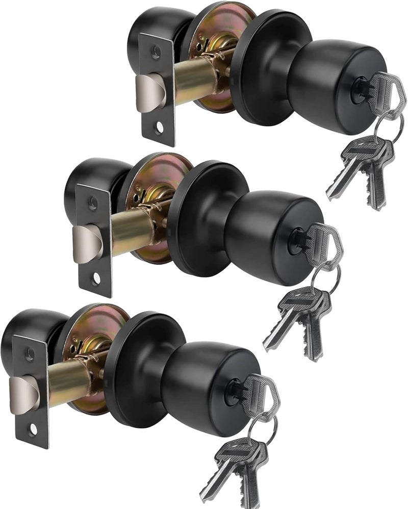 DSJJBLL 3 Pack Matte Black Round Ball Door Knob with Different Keys Passage Door Privacy Locking Interior/Exterior Door Knob/Berlin Series Lock for Room Door - Image 1